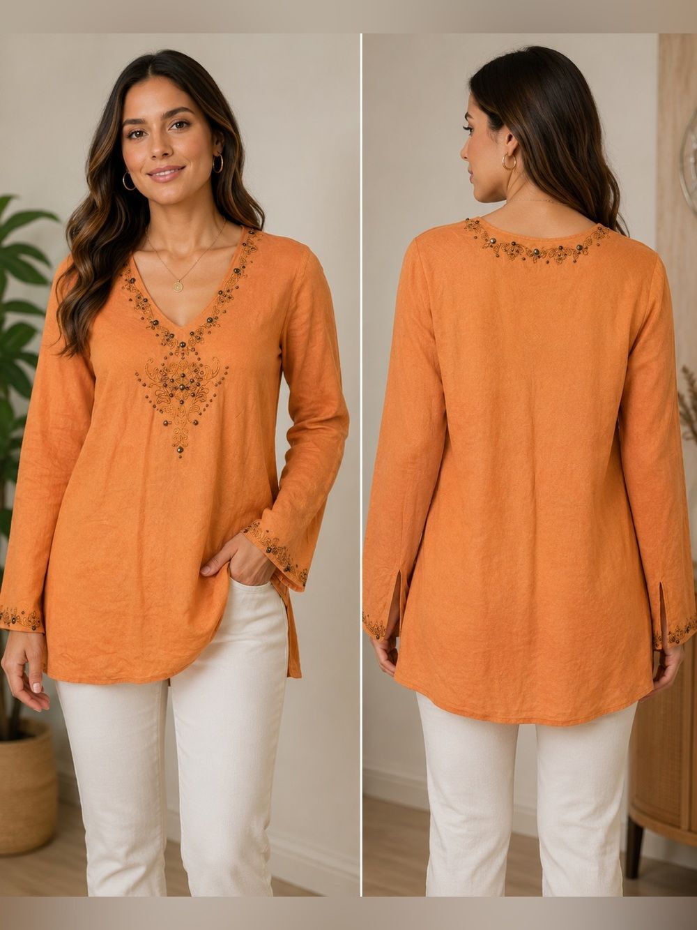 (J1)Carole Little Top orange 100% linen with embellished V-neck,size M for women